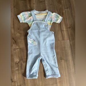 Vintage Health-Tex Overalls Outfit 18 Month Boy Blue Shoe USA Made Striped‎ 90s